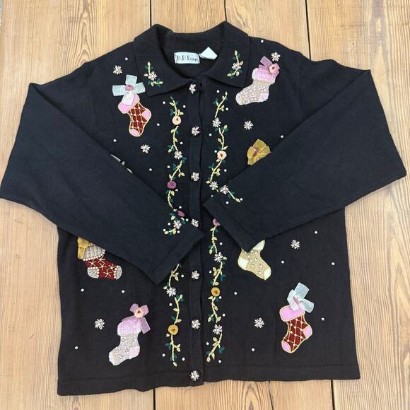 BP Design Vintage Christmas Cardigan Collared Beaded Stocking Black XL Cotton - Picture 1 of 6